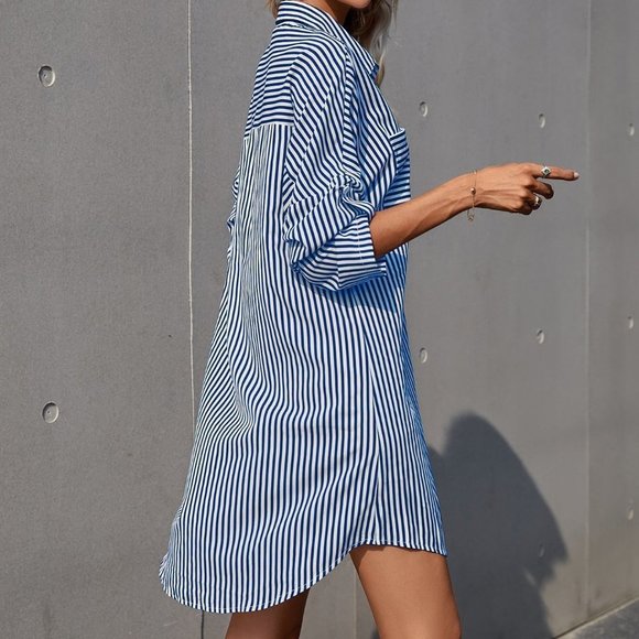 Blue and White Casual Women's Striped Rolled Sleeve Shirt Dress - Picture 2 of 5